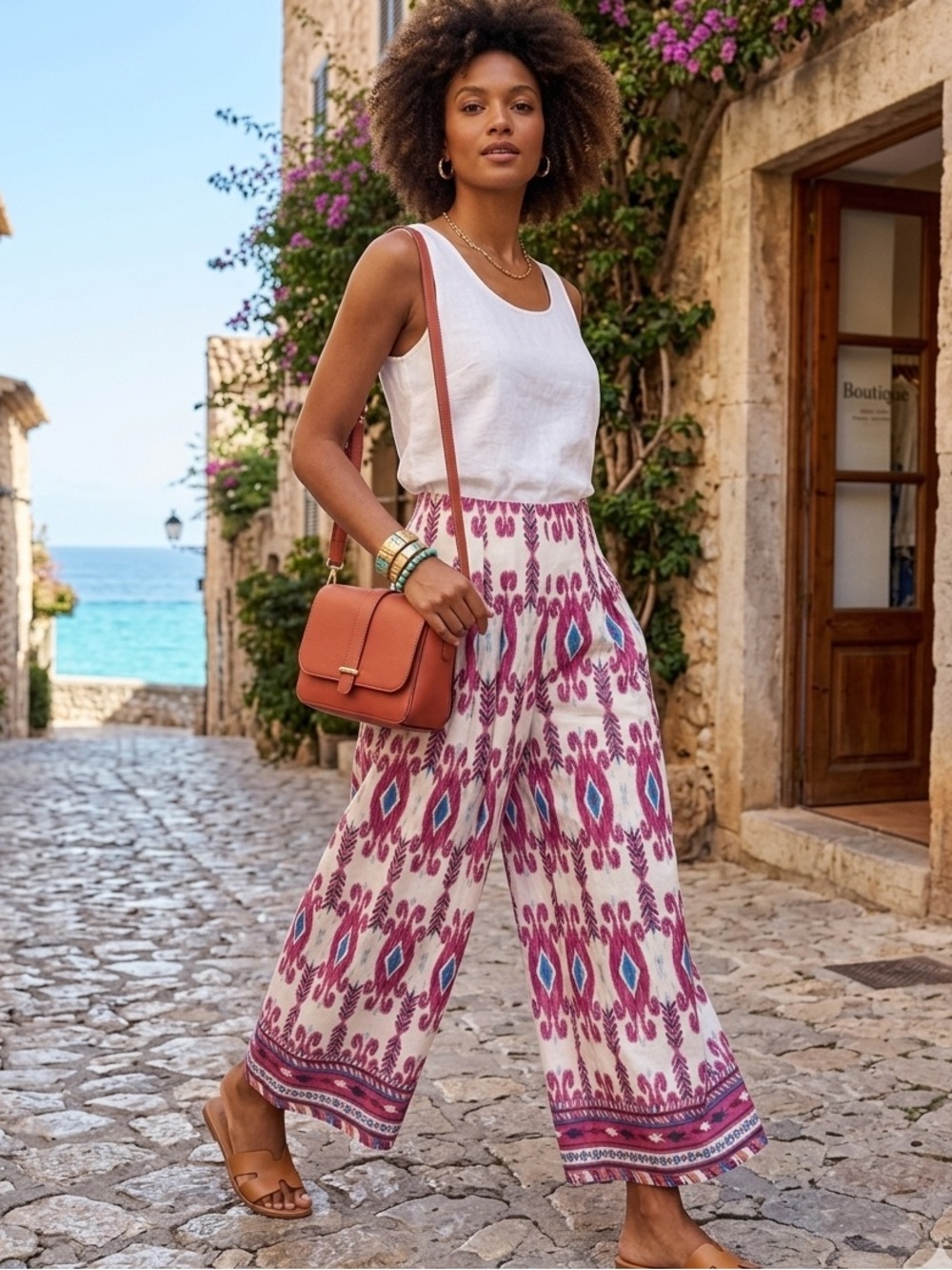 Umgee Ikat Print Wide Leg Pants - Palazzo Pants - Pull-On, Lined Culottes